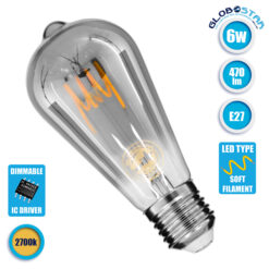 LOC LED Of Cyprus - GLOBOSTAR® PEAR 99142 Λάμπα E27 ST64 LED 6W 470lm 360° AC 220-240V IP20 Θερμό Λευκό 2700K Dimmable - Soft T Spiral Filament Chip - Μαύρο Φιμέ - Μ6.4 x Π6.4 x Υ14.5cm - 3 Χρόνια Εγγύηση