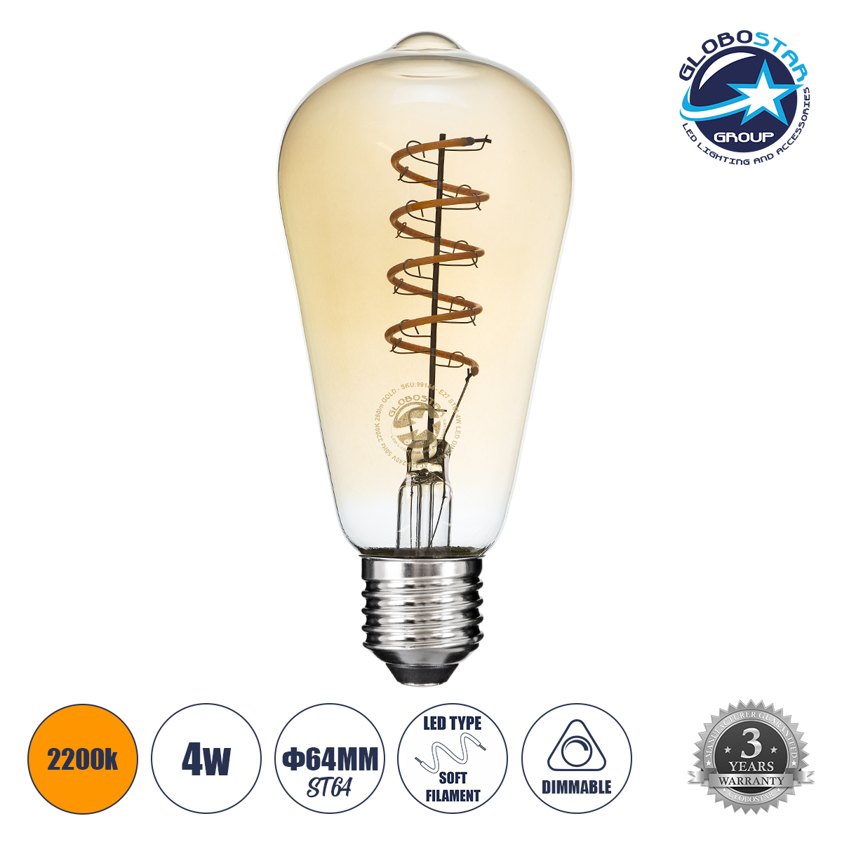 LOC LED Of Cyprus - GLOBOSTAR® PEAR 99144 Λάμπα E27 ST64 LED 4W 280lm 360° AC 220-240V IP20 Ultra Θερμό Λευκό 2200K Dimmable - Soft S Spiral Filament Chip - Μελί - Μ6.4 x Π6.4 x Υ14cm - 3 Χρόνια Εγγύηση